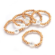 Wood Beads Kids Stretch Bracelets, with Freshwater Shell Beads, 1-3/4 inch(4.5cm)(BJEW-JB03970-M)