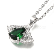 304 Stainless Steel Cable Chain Necklaces, Brass Clear Cubic Zirconia Teardrop Pendant Necklaces, Platinum & Stainless Steel Color, Green, 17.91 inch(45.5cm)(NJEW-H040-21P-02)