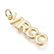 Brass Pendants, with Jump Rings, Long-Lasting Plated, Constellation/Zodiac Sign, Word, Virgo, 24.5x6.5x2mm, Hole: 4mm(X-ZIRC-I048-15G-05)