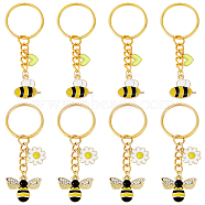 8Pcs 2 Style Alloy & Brass Enamel Keychains, with 304 Stainless Steel & Iron Findings, Bees & Heart & Flower, Golden, 6.4~6.8cm, 4pcs/style(KEYC-DC0001-14)