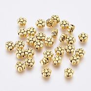 Tibetan Style Alloy Beads, Lead Free & Cadmium Free & Nickel Free, Flower, Antique Golden Color, Size: about 5mm long, 5mm wide, 3mm thick, hole: 1mm(TIBEB-LF0071Y-AG-FF)