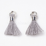 Cotton Tassel Pendant Decorations, with Brass Findings, Platinum, Light Grey, 10~15x3~4mm, Hole: 2mm(X-FIND-S275-02P)