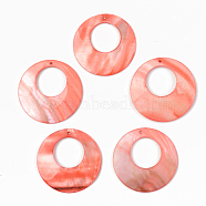 Natural Freshwater Shell Pendants, Flat Round, Dyed, Coral, 44~45x3~4mm, Hole: 1.6mm(SSHEL-R048-017B)