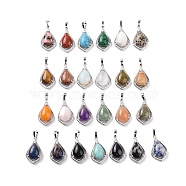Natural & Synthetic Mixed Gemstone Pendants, Teardrop Charms, with Platinum Tone Rack Plating Brass Findings, 32x19x10mm, Hole: 8x5mm(G-H283-04P)