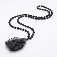 Natural Golden Sheen Obsidian Beaded Pendant Necklaces, with Natural Obsidian Pendants, Buddha, 24 inch(61cm)(NJEW-E116-07)