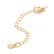 Brass Micro Pave Cubic Zirconia Chain Extender, with Stainless Steel Lobster Claw Clasps and Teardrop Charm, Long-Lasting Plated, Golden, 76x3mm, Hole: 3mm(KK-C238-06G)