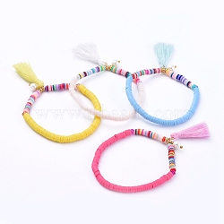 Stretch Charm Bracelets, with Polymer Clay Heishi Beads, Cotton Thread Tassels, Glass Pearl Beads and Brass Beads, Mixed Color, 2-1/8 inch(5.4cm)(BJEW-JB05084)