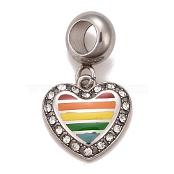 304 Stainless Steel Crystal Rhinestone European Dangle Charms, Large Hole Pendants, with Enamel, Stainless Steel Color, Heart with Strip Pattern, Colorful, 22.5mm, Hole: 4.5mm(STAS-F278-14P)