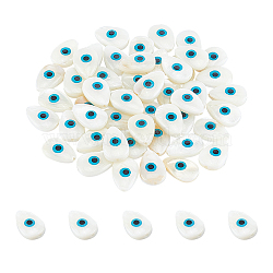 Natural Freshwater Shell Beads, Teardrop with Evil Eye, White, 14x9.5x3.5~6mm, Hole: 1mm, 50pcs/box(SHEL-NB0001-31)