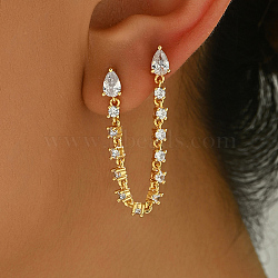 Brass Pave Clear Cubic Zirconia Tassel Stud Earrings, Teardrop, Golden, 75mm(LT4061)