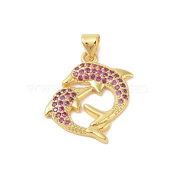 Brass Micro Pave Cubic Zirconia Pendants, Real 18K Gold Plated, Dolphin, Hot Pink, 23x18x2.5mm, Hole: 4x3.5mm(KK-E111-41G-02)