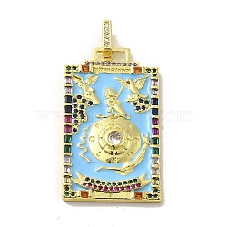 Brass Micro Pave Cubic Zirconia Pendants with Enamel, Tarot, Cornflower Blue, 39x22.5x3mm, Hole: 5x3mm(KK-H458-03G-08)