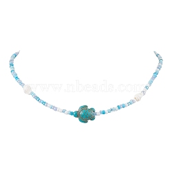 Summer Beach Sea Turtle Dyed Synthetic Turquoise & Glass Seed Beads Beaded Necklaces for Women, Turquoise, 15.83 inch(40.2cm)(NJEW-JN05081-01)