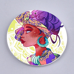 Printed Wooden Big Pendants, Dyed, Flat Round with Fashion Lady, Colorful, 60x2.5mm, Hole: 1.5mm(X-WOOD-S047-53)