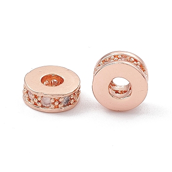 Brass Spacer Beads, with Crystal Rhinestone, Flat Round, Rose Gold, 7x3~3.7mm, Hole: 3.4mm