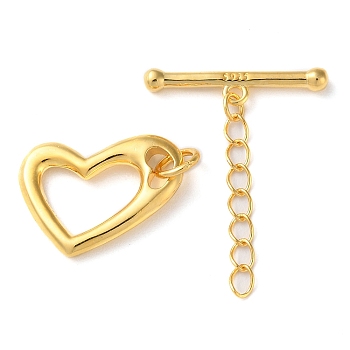 925 Sterling Silver Toggle Clasps with Chain, Long-Lasting Plated, Heart with 925 Stamp, Real 18K Gold Plated, Heart: 17x12.5x2mm, T: 4x19x2.5mm