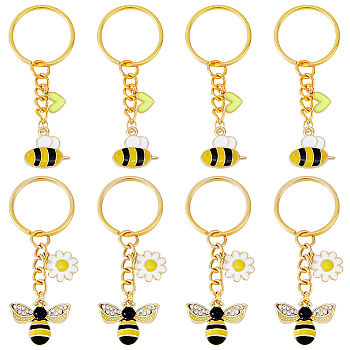 8Pcs 2 Style Alloy & Brass Enamel Keychains, with 304 Stainless Steel & Iron Findings, Bees & Heart & Flower, Golden, 6.4~6.8cm, 4pcs/style