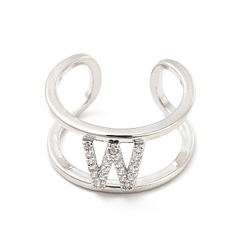 Clear Cubic Zirconia Initial Letter Open Cuff Ring, Platinum Brass Double Line Ring for Women, Lead Free & Cadmium Free, Letter.W, US Size 6(16.5mm)