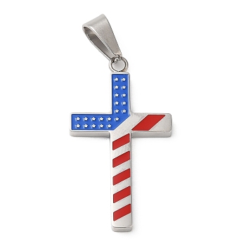 Independence Day 304 Stainless Steel Enamel Pendants, Cross Charm, Stainless Steel Color, 37.5x20.5x2.5mm, Hole: 9x5.5mm
