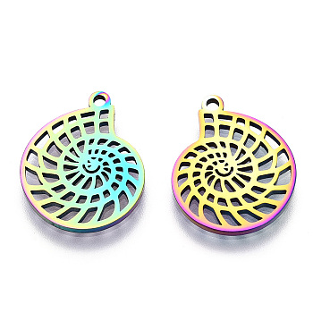 Ion Plating(IP) 304 Stainless Steel Pendants, Laser Cut, Conch Charm, Rainbow Color, 20x16.5x1.5mm, Hole: 1.6mm
