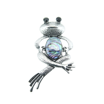 Retro Frog Alloy Pave Natural Paua Shell Brooch, for Clothes Backpack, Antique Silver, Colorful, 55x35mm