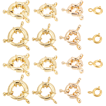 Elite 4 Styles Rack Plating Brass Spring Clasps, Real 18K Gold Plated, 9~15x7x~153~5mm, Hole: 1.5~2.5mm