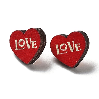 Valentine's Day Theme Printing Wood Stud Earrings for Women, with 316 Stainless Steel Pins, Word, 15x16.5mm