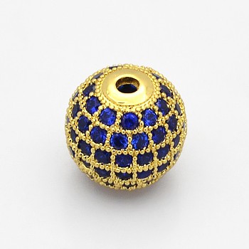 CZ Brass Micro Pave Grade AAA Blue Color Cubic Zirconia Round Beads, Cadmium Free & Nickel Free & Lead Free, Real 18K Gold Plated, 6mm, Hole: 1mm