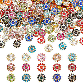 300Pcs 15 Colors Glass Rhinestone Buttons, with Golden Tone ABS Plastic Findings, Flower, Mixed Color, 13x5mm, 20pcs/color