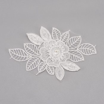 Milk Fiber Lace Embroidery Costume Accessories, Applique Patch, Sewing Craft Decoration, with Imitation Pearl, 3D Flower, White, 85x135x7mm