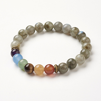 Yoga Chakra Jewelry, Natural Labradorite Beads Stretch Bracelets, 2-1/8~2-3/8 inch(55~60mm)