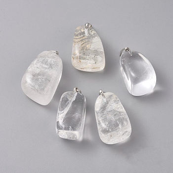 Natural Quartz Crystal Pendants, Rock Crystal Pendants, with Platinum Tone Brass Findings, Nuggets, 23~30x13~22x12~20mm, Hole: 5x3mm