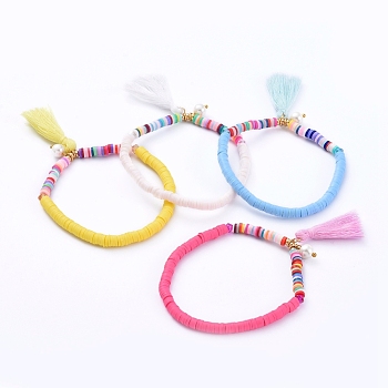 Stretch Charm Bracelets, with Polymer Clay Heishi Beads, Cotton Thread Tassels, Glass Pearl Beads and Brass Beads, Mixed Color, 2-1/8 inch(5.4cm)