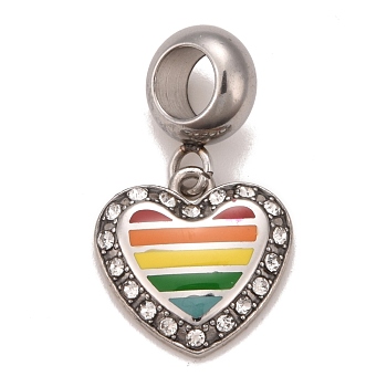 304 Stainless Steel Crystal Rhinestone European Dangle Charms, Large Hole Pendants, with Enamel, Stainless Steel Color, Heart with Strip Pattern, Colorful, 22.5mm, Hole: 4.5mm