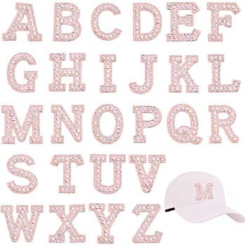 26Pcs Adhesive/Sew on Non-Woven Fabrics Patches, with Crystal AB Glass Rhinestone, Costume Accessories, Appliques, Alphabet, Letter A~Z, Pink, 45~57x38~59x3.5mm