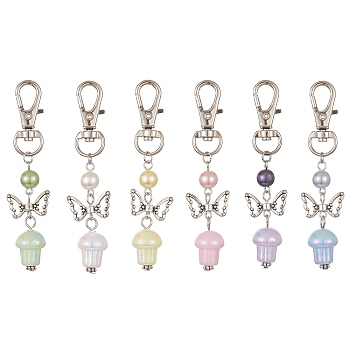 UV Plating Rainbow Iridescent Opaque Acrylic Mushroom Pendant Decoration, Butterfly Alloy Beads with Swivel Lobster Claw Clasps Charm, Mixed Color, 77mm, 6pcs/set