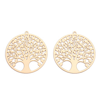 Rack Plating Brass Filigree Pendants, Long-Lasting Plated, Flat Round with Tree of Life Charm, Nickel Free, Light Gold, 32x30x0.4mm, Hole: 1.2mm