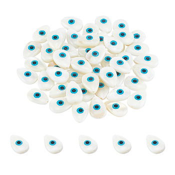 Natural Freshwater Shell Beads, Teardrop with Evil Eye, White, 14x9.5x3.5~6mm, Hole: 1mm, 50pcs/box