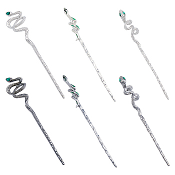 6Pcs 6 Style Alloy Rhinestone Hair Sticks, with Enamel, Snake, Mixed Color, 171~180x15~36x5~15mm, 1pc/style