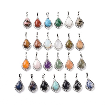 Natural & Synthetic Mixed Gemstone Pendants, Teardrop Charms, with Platinum Tone Rack Plating Brass Findings, 32x19x10mm, Hole: 8x5mm