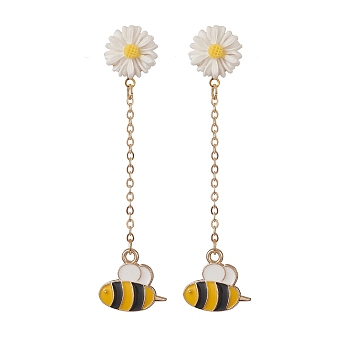 Alloy Enamel Bee with Resin Daisy Dangle Stud Earrings, 304 Stainless Steel Chain Tassel Earrings for Women, Gold, 70mm, Pin: 0.7mm