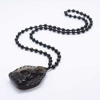 Natural Golden Sheen Obsidian Beaded Pendant Necklaces, with Natural Obsidian Pendants, Buddha, 24 inch(61cm)
