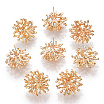Brass Stud Earring Findings, with Loop, Nickel Free, Real 18K Gold Plated, Coral, 20~21x20~21mm, Hole: 1.2mm, Pin: 0.8mm