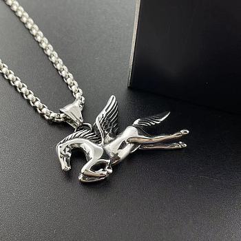 Punk 304 Stainless Steel Flying Horse Pendant Necklaces for Men, Stainless Steel Color