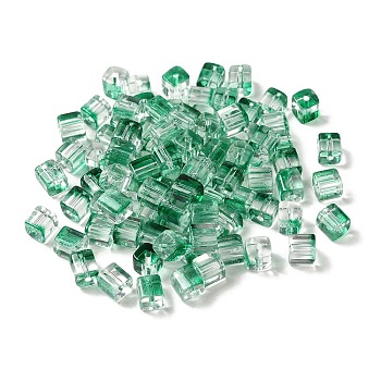 Two Tone Transparent Glass Beads, Cube, Medium Sea Green, 6x6x7mm, Hole: 1.4mm, about 500pcs/bag
