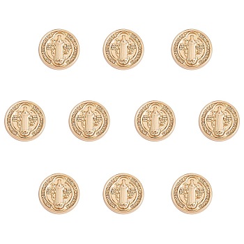 10Pcs Brass Beads, Long-Lasting Plated, Flat Round with Cssml Ndsmd Cross God Father Religious Christianity, Real 18K Gold Plated, 10x3mm, Hole: 1.2mm