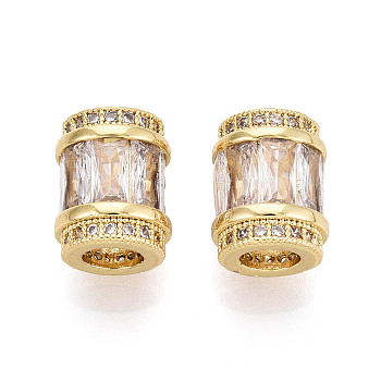 Brass Micro Pave Cubic Zirconia Beads, Column, Real 18K Gold Plated, 11.5x9.5~10mm, Hole: 5mm
