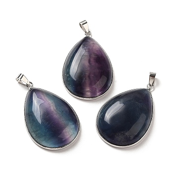 Natural Fluorite Pendants, Teardrop Charms, with Brass Findings, Lead Free & Cadmium Free, Platinum, 40x26x8.5mm, Hole: 6mm