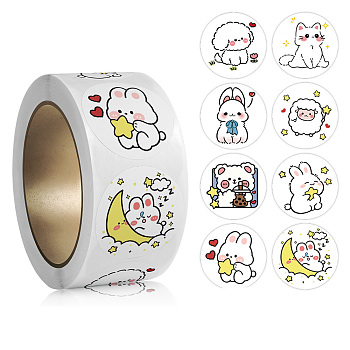 Paper Self-Adhesive Animal Sticker Rolls, Round Dot Cartoon Decals for Kid's Art Craft, Rabbit, 25mm, 500pcs/roll