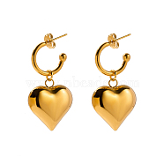Ion Plating(IP) 304 Stainless Steel Heart Dangle Stud Earrings, Half Hoop Earrings, Golden, 37x20mm(EJEW-L266-01G)